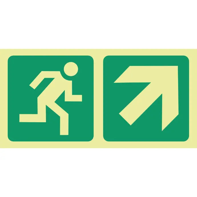 SABS Photoluminescent running man, arrow diagonal up right safety sign