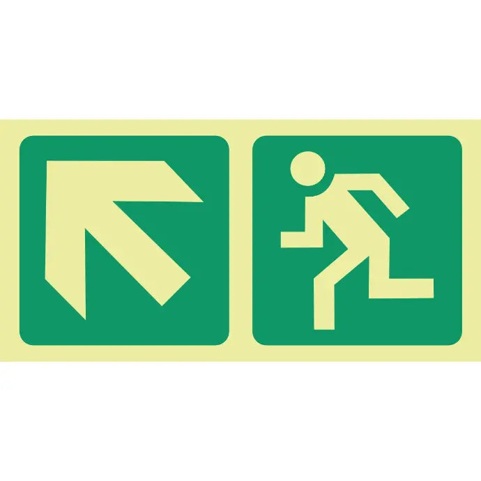 SABS Photoluminescent arrow left up diagonal, running man safety sign