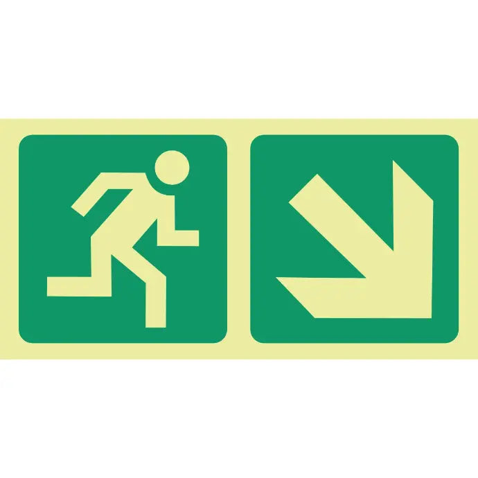SABS Photoluminescent running man, arrow diagonal down right safety sign