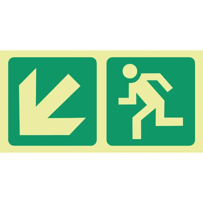 SABS Photoluminescent arrow diagonal down left, running man safety sign