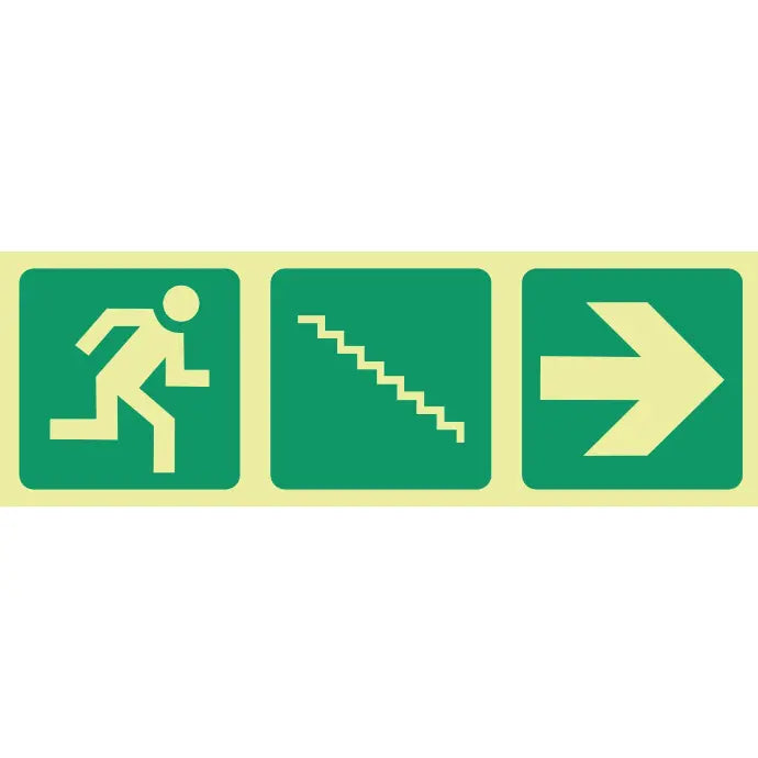 SABS Photoluminescent running man, stairs down, arrow right safety sign