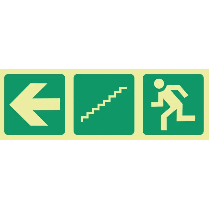 SABS Photoluminescent arrow left, stairs down, running man safety sign