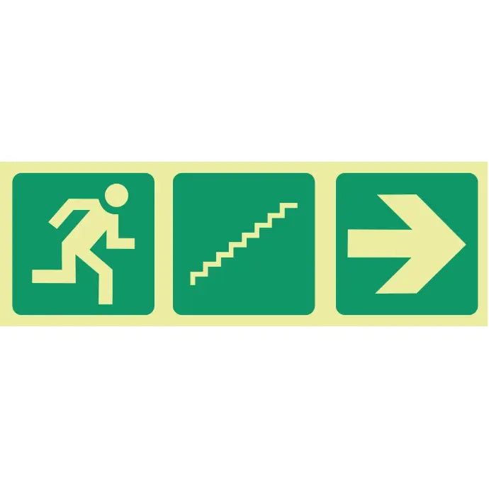 SABS Photoluminescent running man, stairs up, arrow right safety sign