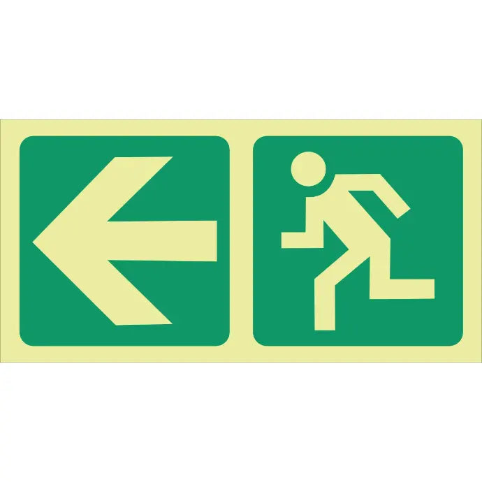 SABS Photoluminescent arrow left, running man safety sign