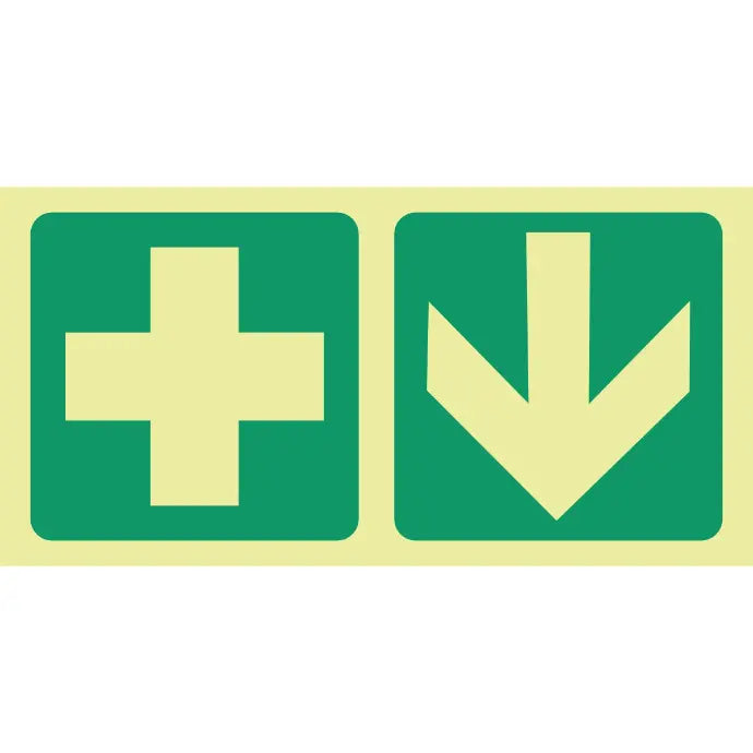 SABS Photoluminescent First aid cross, arrow down safety sign