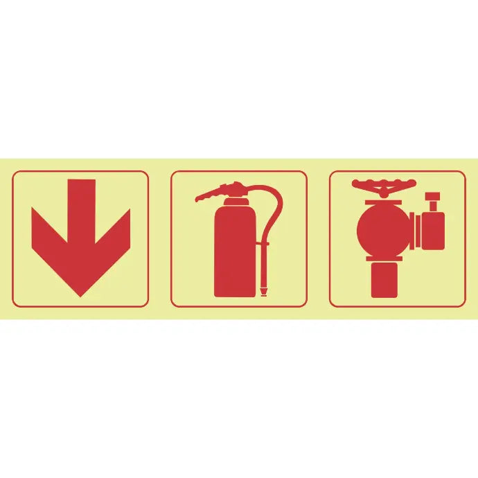 SABS Arrow down, fire extinguisher, fire hydrant photoluminescent safety sign