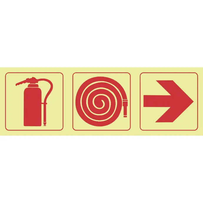 SABS Fire extinguisher, fire hose reel, arrow right photoluminescent safety sign