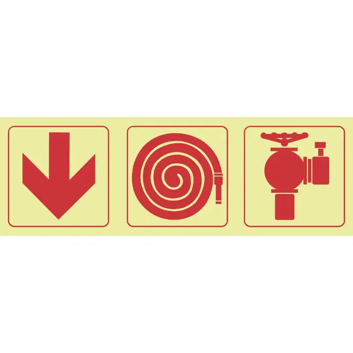 SABS Arrow down, fire hose reel, fire hydrant photoluminescent safety sign