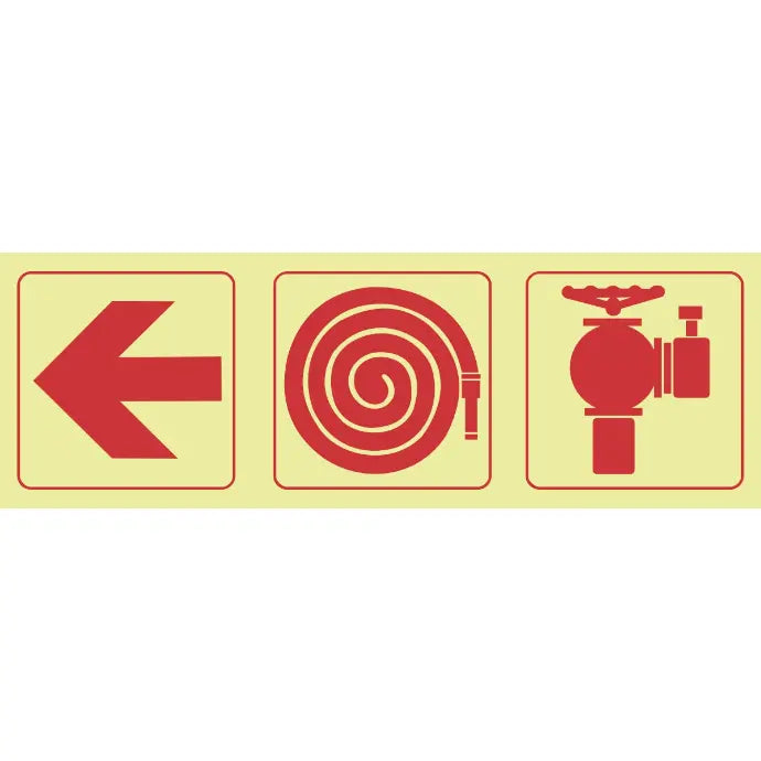 SABS Arrow left, fire hose reel, fire hydrant photoluminescent safety sign